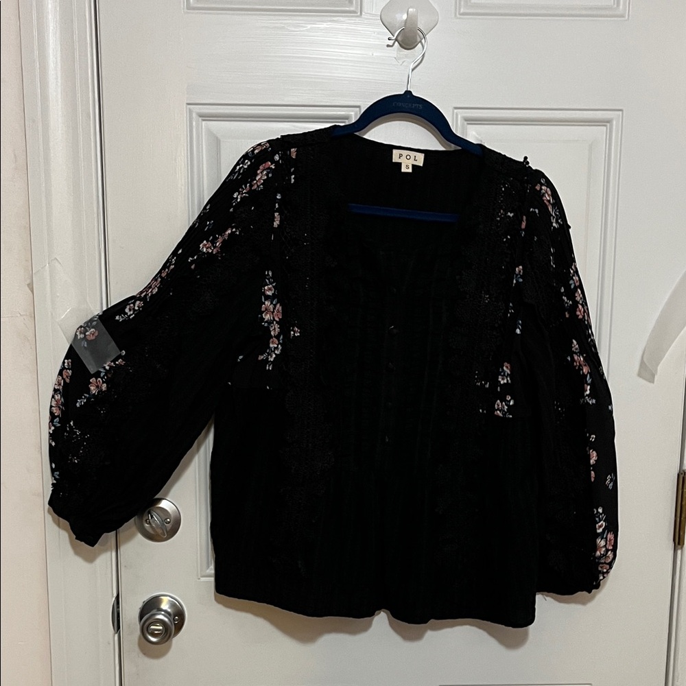 POL Black with floral design on sleeve Blouse